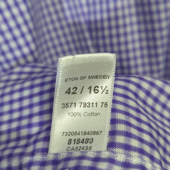 Eton Shirt Men's 16.5 42 Purple Check Contemporary Cotton Long Sleeve Button Up - Picture 10 of 11